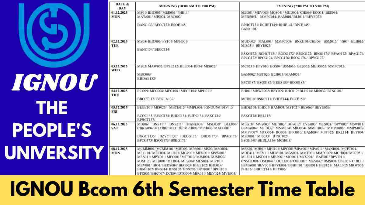 IGNOU Bcom 6th Semester Time Table